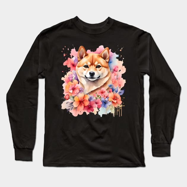 A shiba inu decorated with beautiful watercolor flowers Long Sleeve T-Shirt by CreativeSparkzz